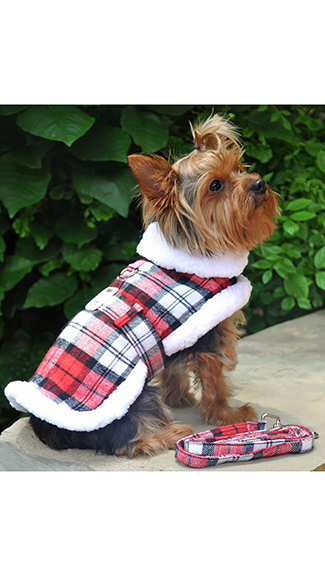 Doggie Design Harness Coat Sherpa lined Red White Plaid